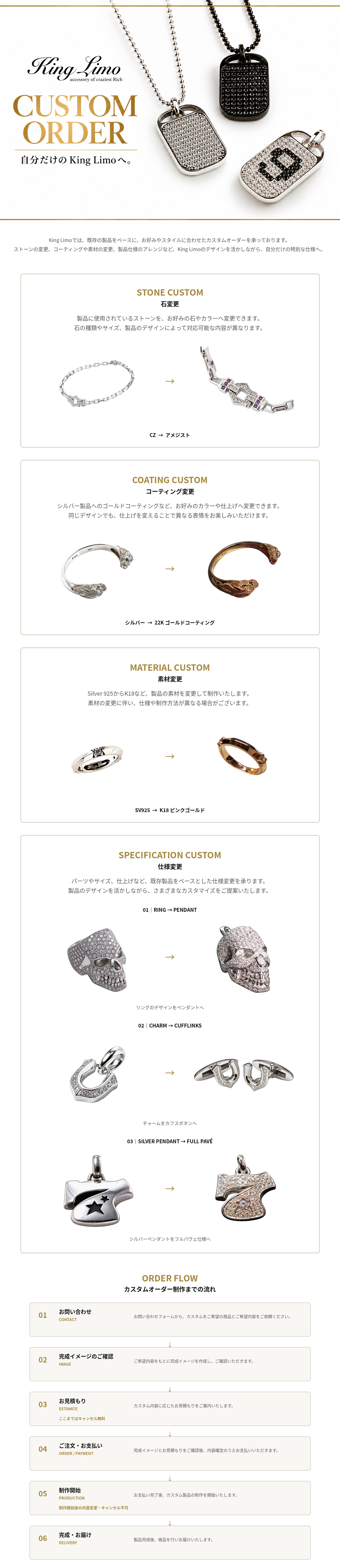 CUSTOM ORDER — 宝石、镀层、材质及规格定制示例（日文说明）